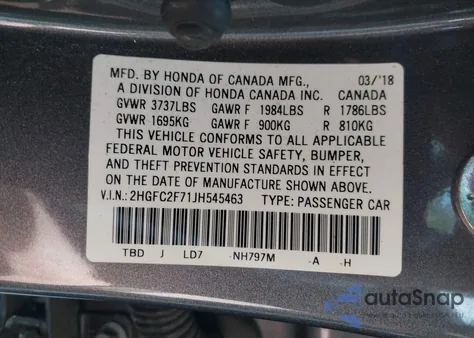 2018 Honda Civic Ex z USA, uszkodzony, nr VIN 2HGFC2F71JH545463